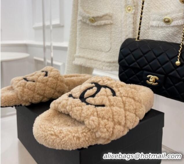 Good Taste Chanel Quilted Shearling Flat Slide Sandals Camel 101285