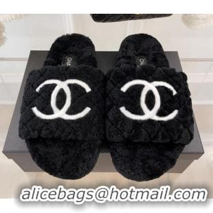 Low Price Chanel Quilted Shearling Flat Slide Sandals Black 101286