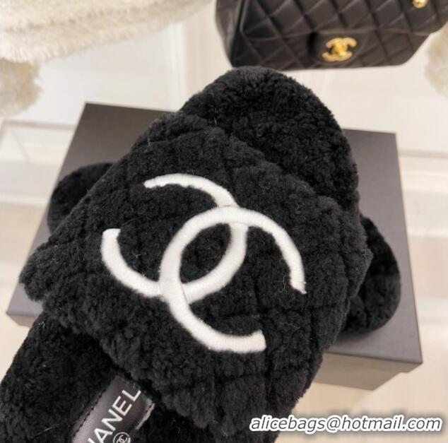 Low Price Chanel Quilted Shearling Flat Slide Sandals Black 101286