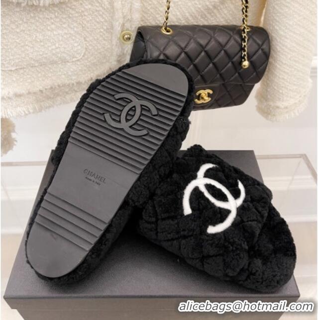 Low Price Chanel Quilted Shearling Flat Slide Sandals Black 101286