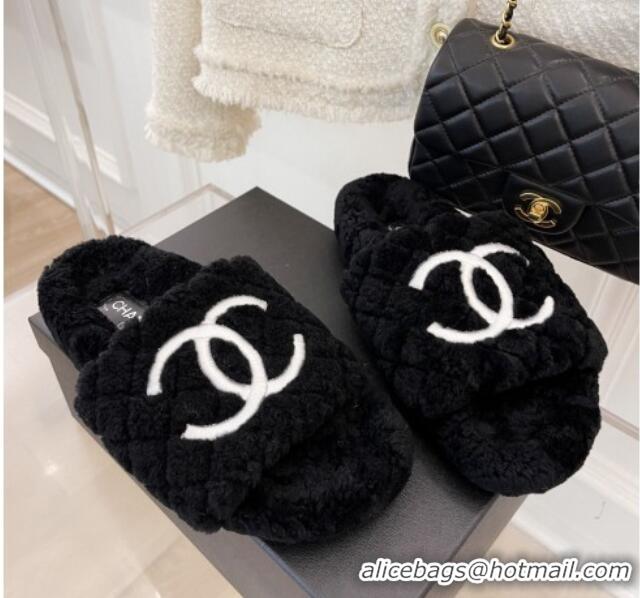 Low Price Chanel Quilted Shearling Flat Slide Sandals Black 101286