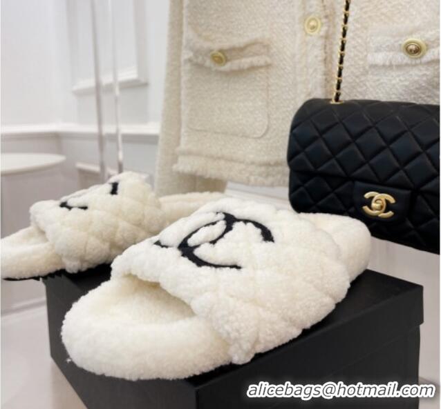 Luxurious Chanel Quilted Shearling Flat Slide Sandals White 101287