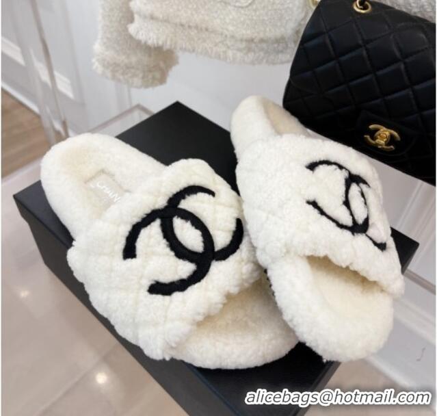 Luxurious Chanel Quilted Shearling Flat Slide Sandals White 101287