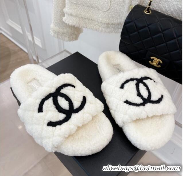 Luxurious Chanel Quilted Shearling Flat Slide Sandals White 101287