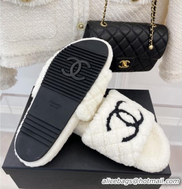 Luxurious Chanel Quilted Shearling Flat Slide Sandals White 101287