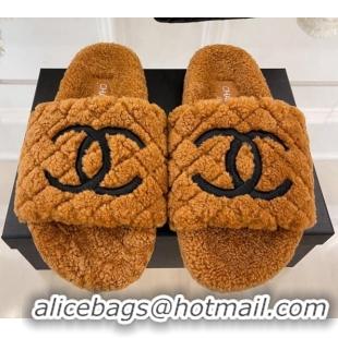 Unique Style Chanel Quilted Shearling Flat Slide Sandals Brown 101288