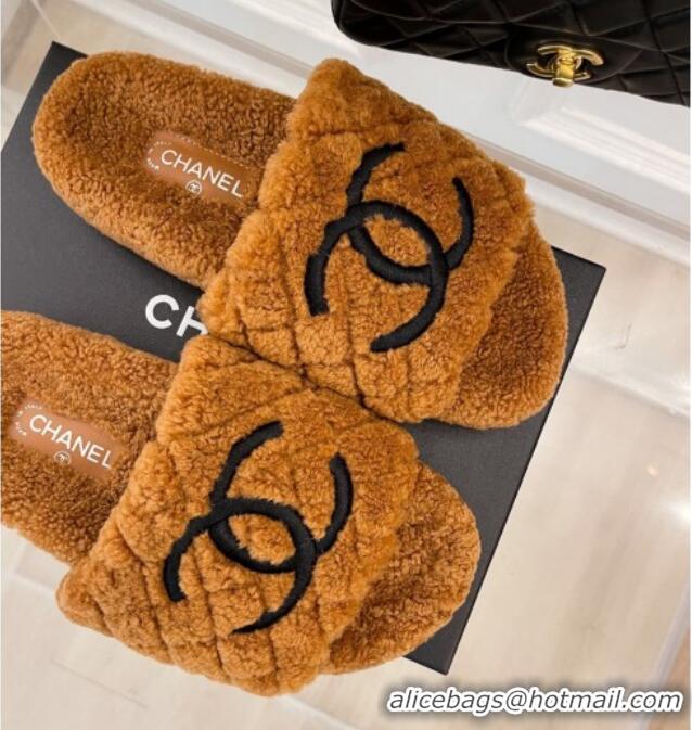 Unique Style Chanel Quilted Shearling Flat Slide Sandals Brown 101288