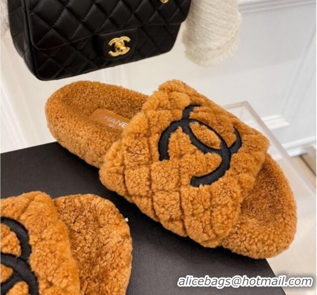 Unique Style Chanel Quilted Shearling Flat Slide Sandals Brown 101288