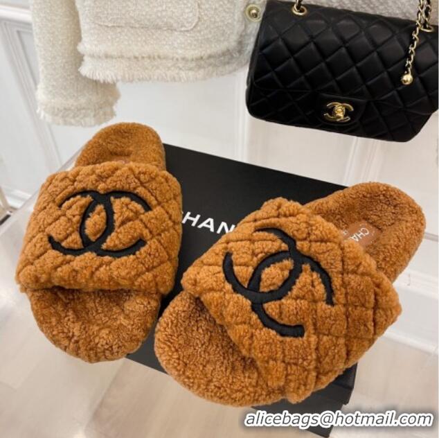 Unique Style Chanel Quilted Shearling Flat Slide Sandals Brown 101288