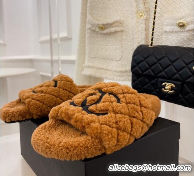 Unique Style Chanel Quilted Shearling Flat Slide Sandals Brown 101288