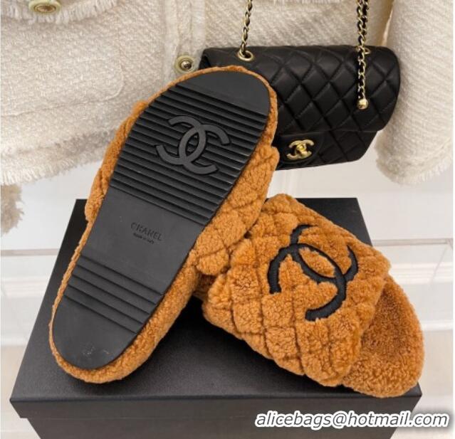 Unique Style Chanel Quilted Shearling Flat Slide Sandals Brown 101288