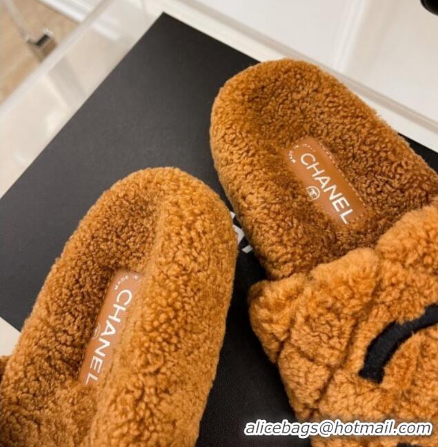 Unique Style Chanel Quilted Shearling Flat Slide Sandals Brown 101288