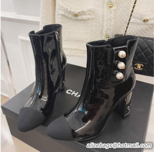 Lower Price Chanel Patent Leather Ankle Boots with CC Pearls 8.5cm Black 101290