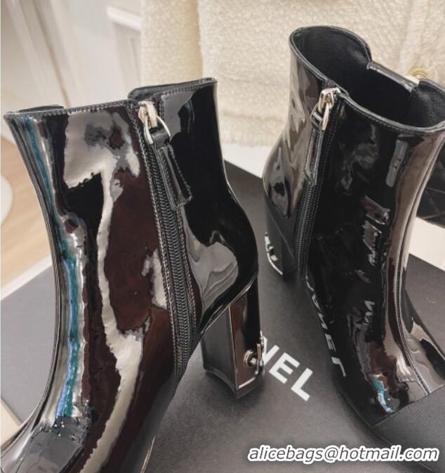 Lower Price Chanel Patent Leather Ankle Boots with CC Pearls 8.5cm Black 101290