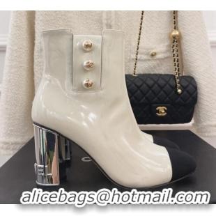 Top Grade Chanel Patent Leather Ankle Boots with CC Pearls 8.5cm White 101291