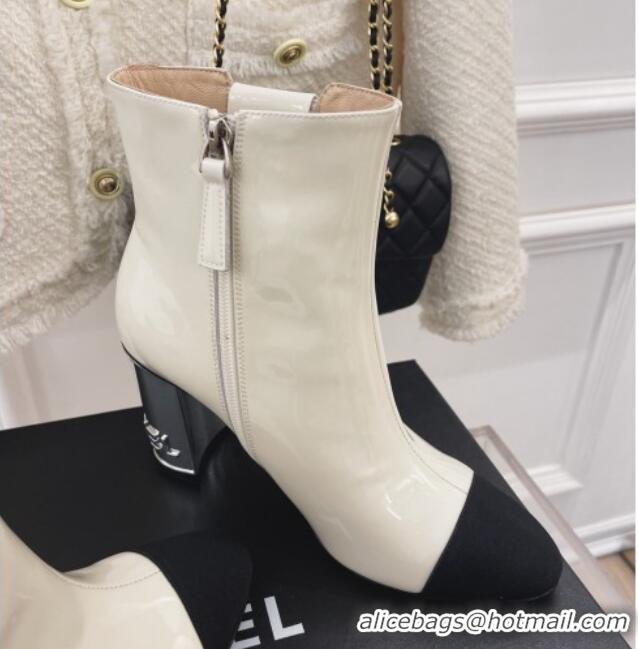 Top Grade Chanel Patent Leather Ankle Boots with CC Pearls 8.5cm White 101291