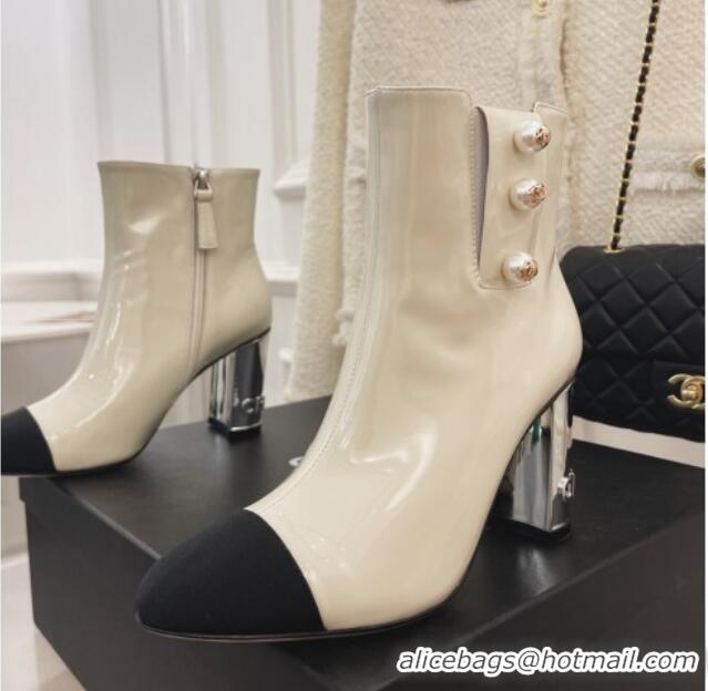 Top Grade Chanel Patent Leather Ankle Boots with CC Pearls 8.5cm White 101291