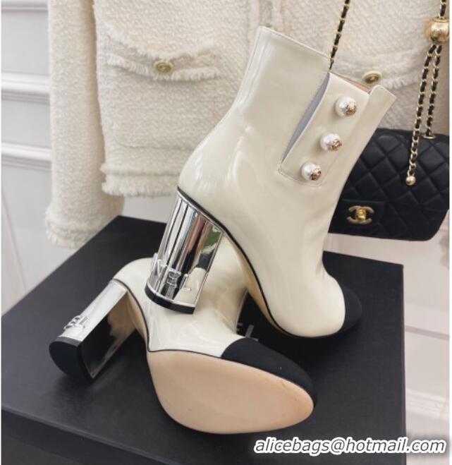 Top Grade Chanel Patent Leather Ankle Boots with CC Pearls 8.5cm White 101291