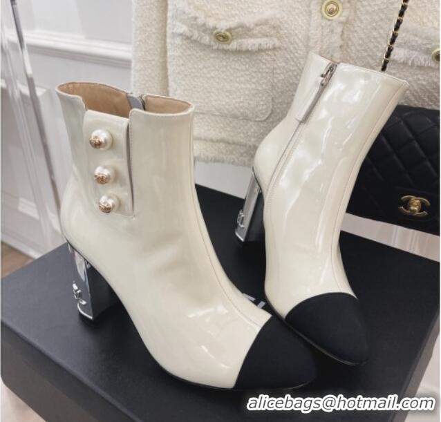 Top Grade Chanel Patent Leather Ankle Boots with CC Pearls 8.5cm White 101291