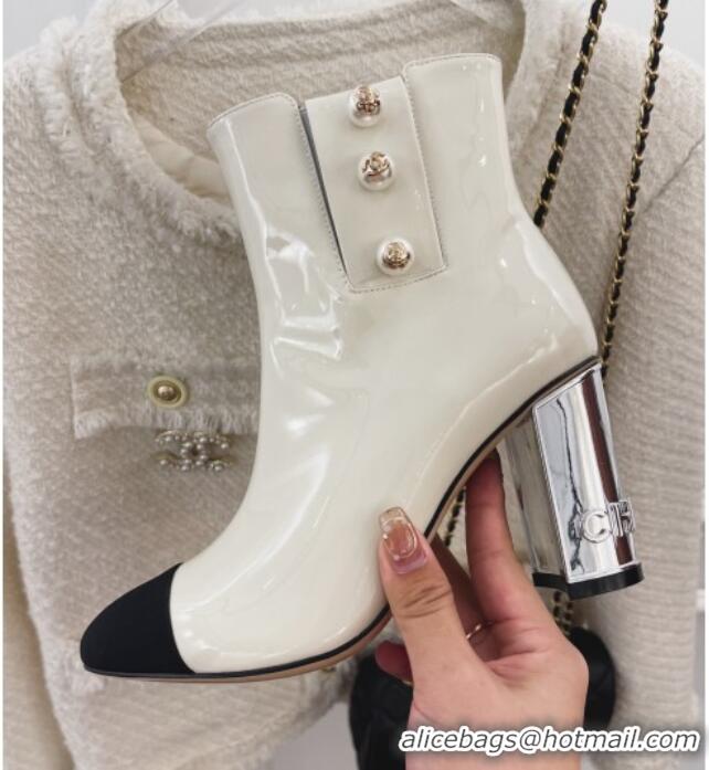 Top Grade Chanel Patent Leather Ankle Boots with CC Pearls 8.5cm White 101291