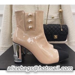 Best Luxury Chanel Patent Leather Ankle Boots with CC Pearls 8.5cm Beige 101292