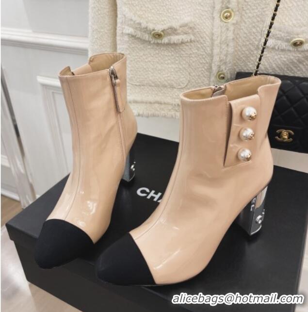 Best Luxury Chanel Patent Leather Ankle Boots with CC Pearls 8.5cm Beige 101292