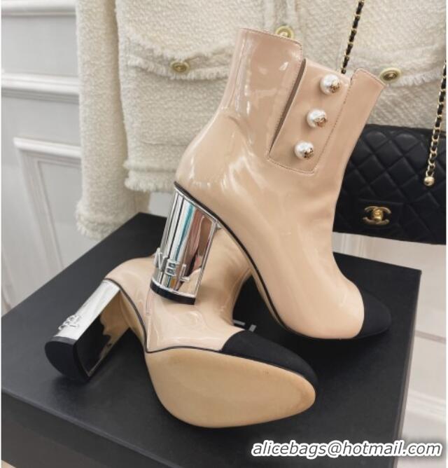 Best Luxury Chanel Patent Leather Ankle Boots with CC Pearls 8.5cm Beige 101292