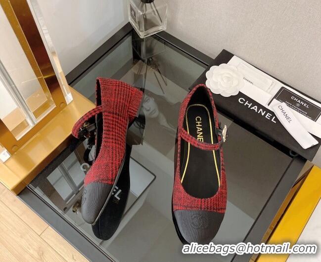 Cute Chanel Wool Mary Janes Ballerinas G39582 Red