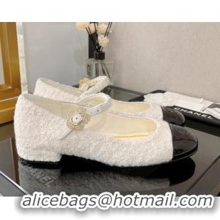 Popular Style Chanel Tweed Mary Janes Ballerinas G39582 White