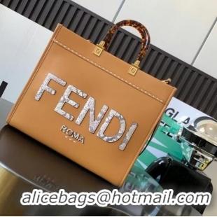 Promotional FENDI SUNSHINE MEDIUM leather and elaphe shopper 8BH386A brown