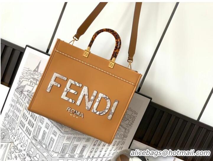 Promotional FENDI SUNSHINE MEDIUM leather and elaphe shopper 8BH386A brown