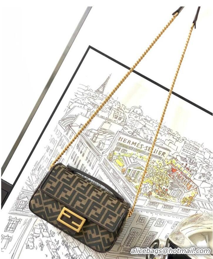 Super Quality Fendi Baguette Chain Midi FF jacquard fabric bag 8BR793A brown