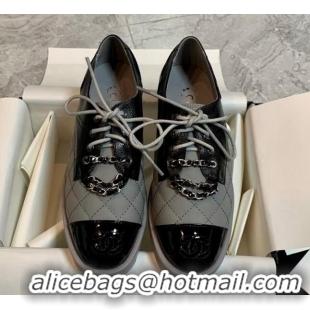 Sophisticated Chanel Calfskin Lace-ups Flat with Chain Grey 1012105