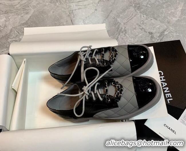 Sophisticated Chanel Calfskin Lace-ups Flat with Chain Grey 1012105