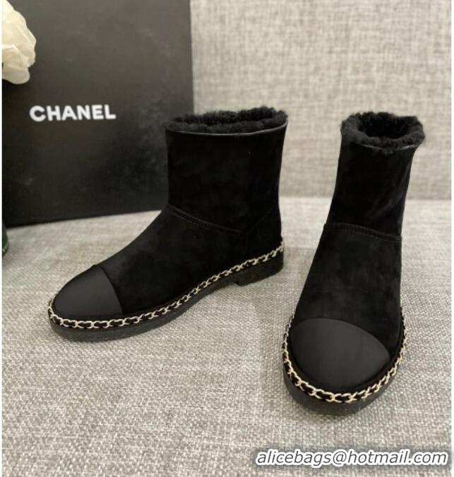 Discount Chanel Classic Suede Ankle Boots with Chain Black 012107