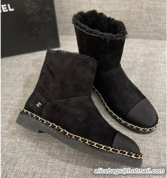 Discount Chanel Classic Suede Ankle Boots with Chain Black 012107