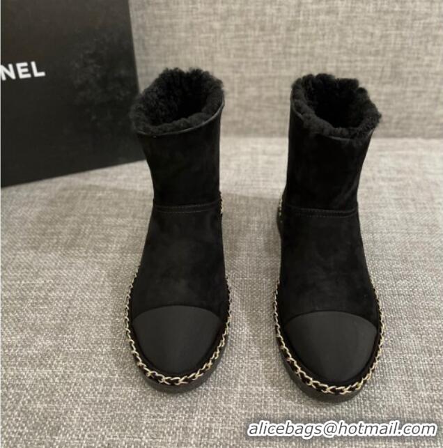 Discount Chanel Classic Suede Ankle Boots with Chain Black 012107