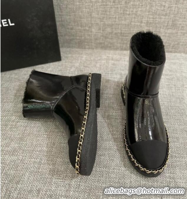 Luxury Chanel Classic Patent Leather Ankle Boots with Chain Black 1012108