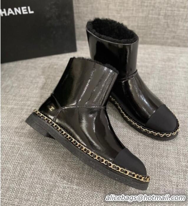 Luxury Chanel Classic Patent Leather Ankle Boots with Chain Black 1012108