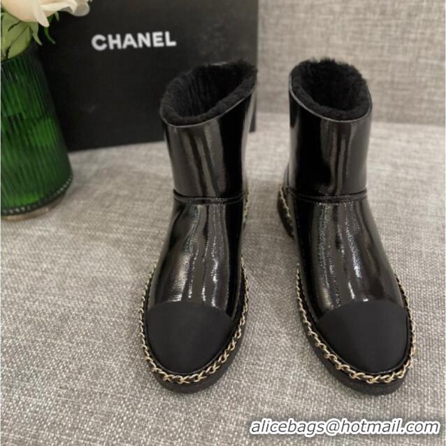 Luxury Chanel Classic Patent Leather Ankle Boots with Chain Black 1012108