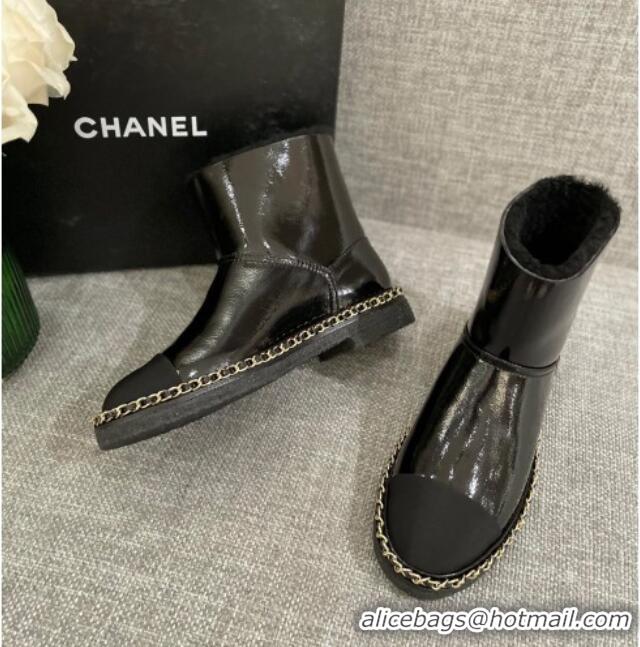 Luxury Chanel Classic Patent Leather Ankle Boots with Chain Black 1012108