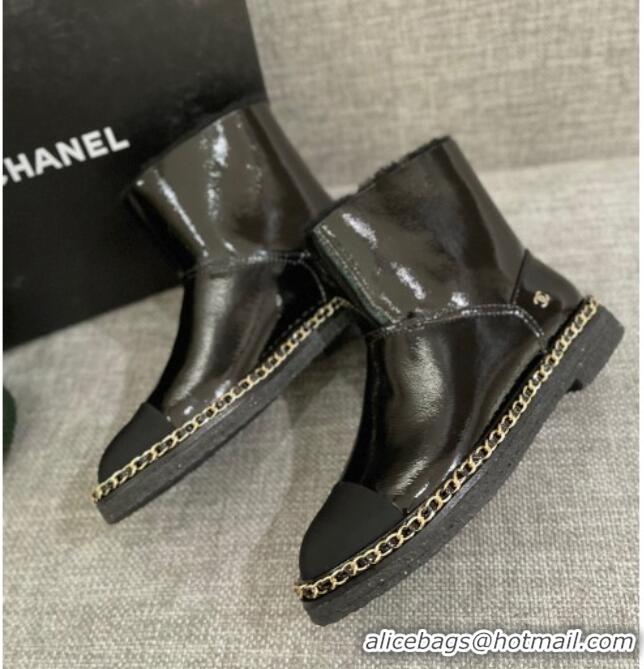 Luxury Chanel Classic Patent Leather Ankle Boots with Chain Black 1012108