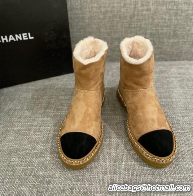 Top Design Chanel Classic Suede Ankle Boots with Chain Brown 1012109