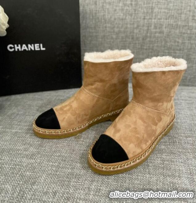 Top Design Chanel Classic Suede Ankle Boots with Chain Brown 1012109