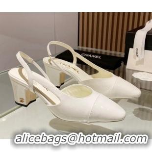 Charming Chanel Patent Leather Slingback Pumps 6.5cm White 012111