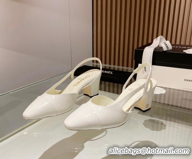 Charming Chanel Patent Leather Slingback Pumps 6.5cm White 012111