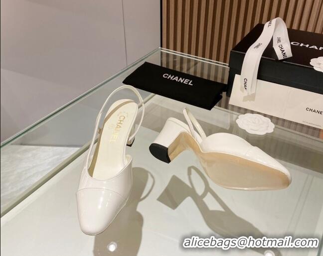 Charming Chanel Patent Leather Slingback Pumps 6.5cm White 012111