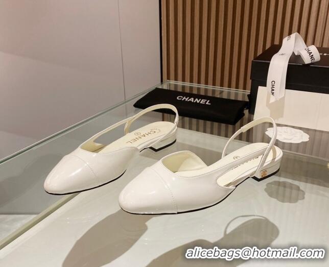 Sumptuous Chanel Patent Leather Slingback Flat White 012114