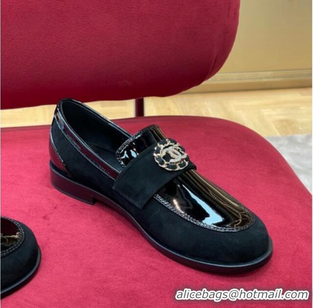 Top Design Chanel Patent Calfskin and Suede Loafers G39606 Black