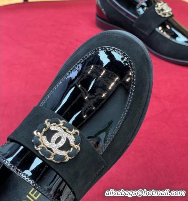 Top Design Chanel Patent Calfskin and Suede Loafers G39606 Black